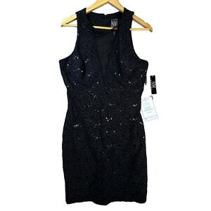 Nightway Cocktail Dress Women 14 Black LBD Sparkle NYE HOCO Laced Short Sequined